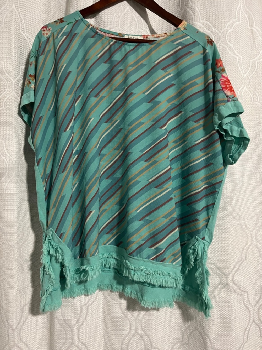 Umgee Turquoise Geometric Patterned Fringe Hem Women's Top ~ Size L